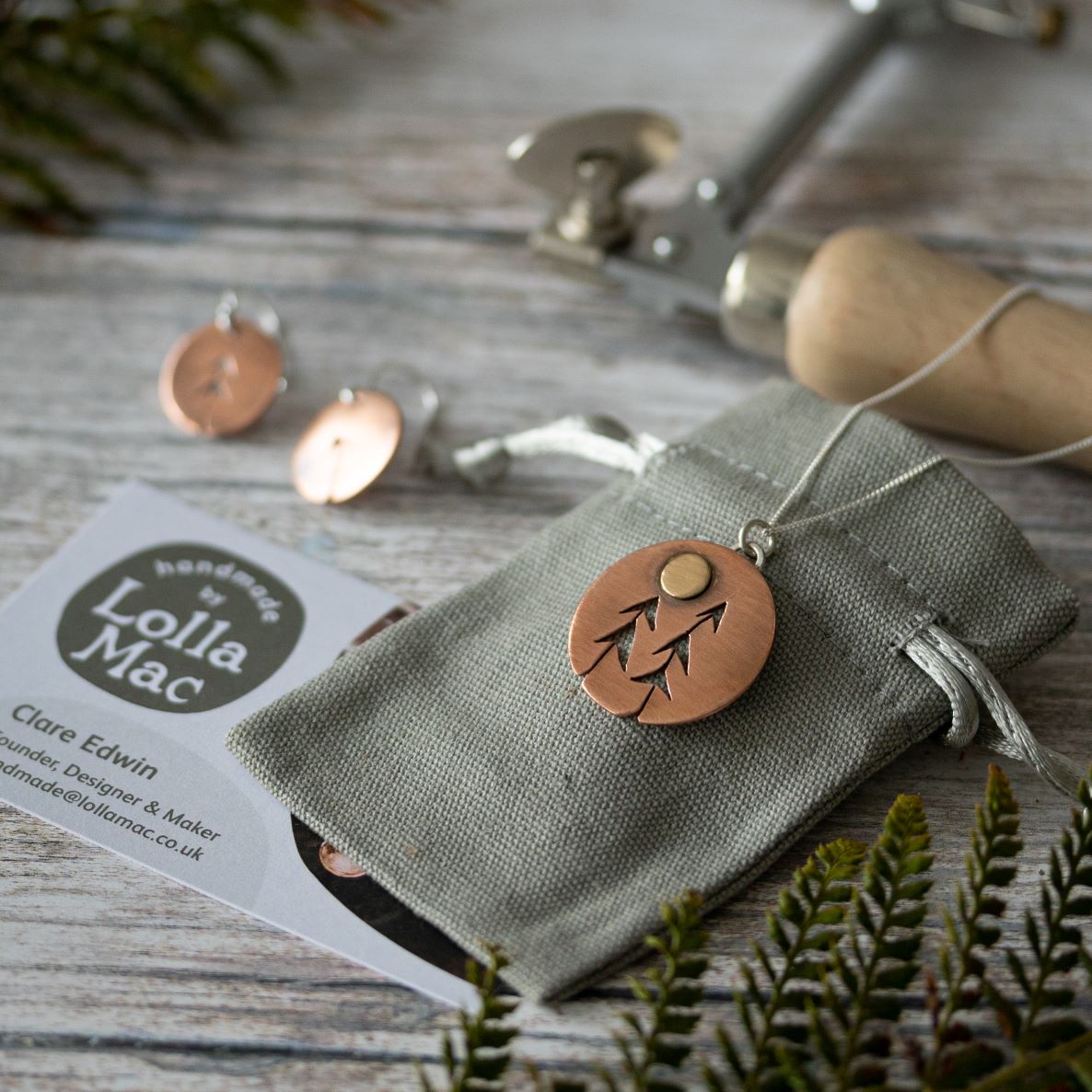 pine forest inspired handmade copper pendant