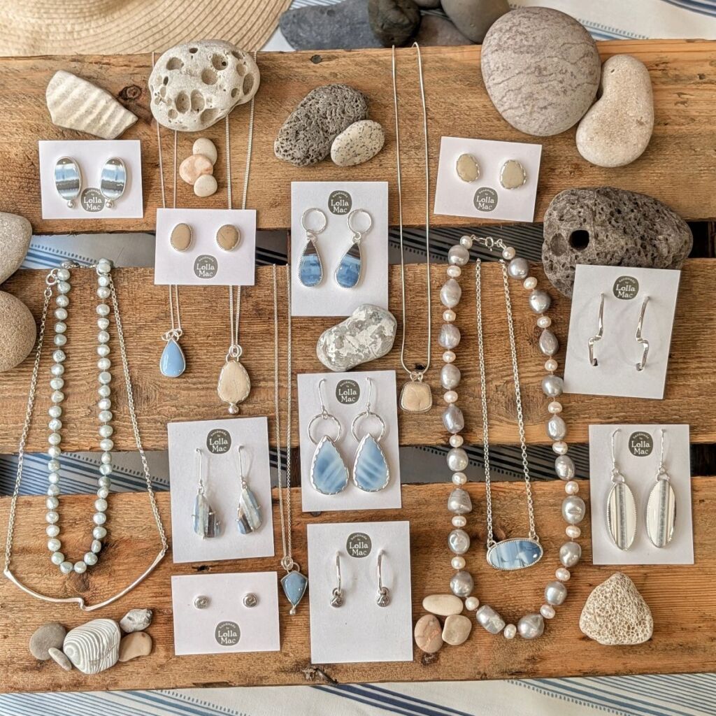 summer inspired jewellery featuring beach pebbles and sea blue gemstones set in sterling silver